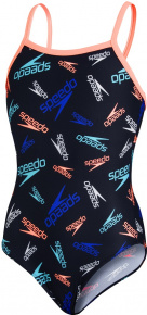 Dívčí plavky Speedo Boom Logo Thinstrap Muscleback Girl Black/Neon Fire/Light Adriatic