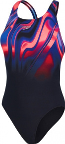 Dámské plavky Speedo Placement Digital Powerback Black/Phoenix Red/Blue Flame/Ultraviolet