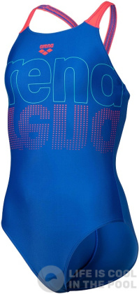 Dívčí plavky Arena Girls Swimsuit V Back Graphic Royal/Fluo Red