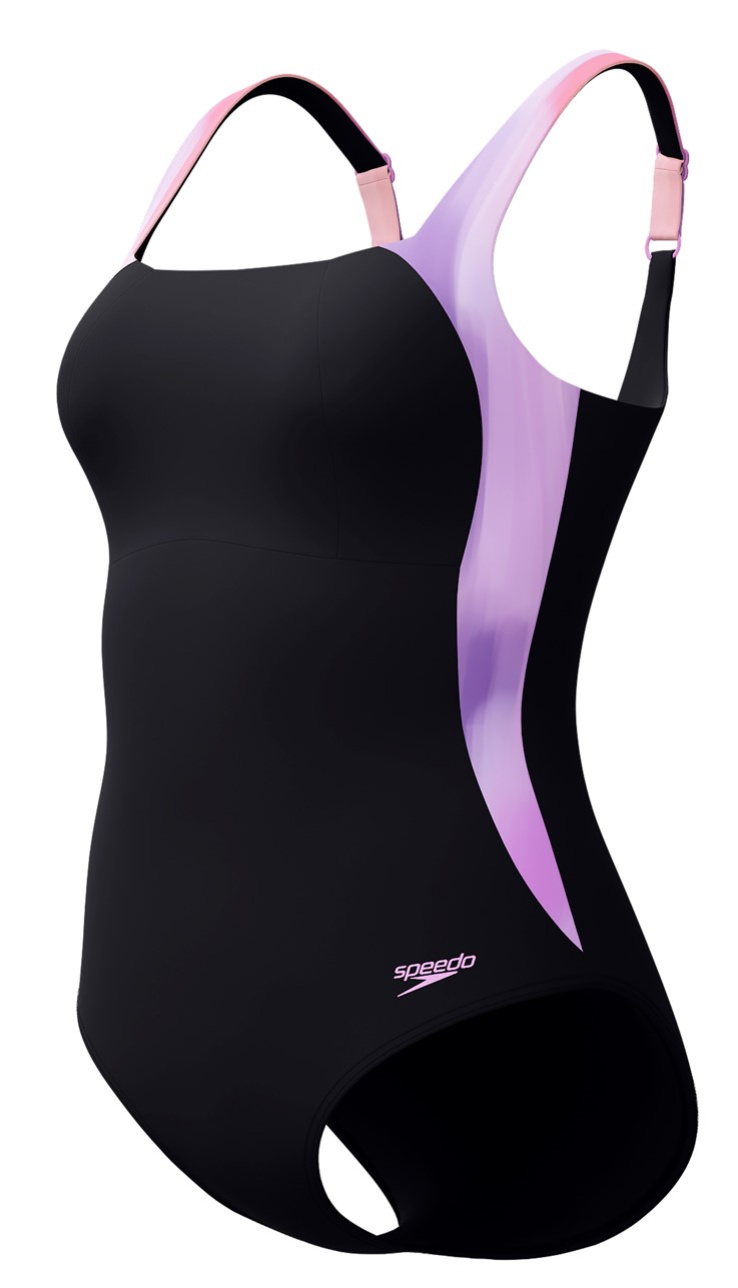 Speedo shaping lunalustre printed 1 piece black/neon violet s - uk32